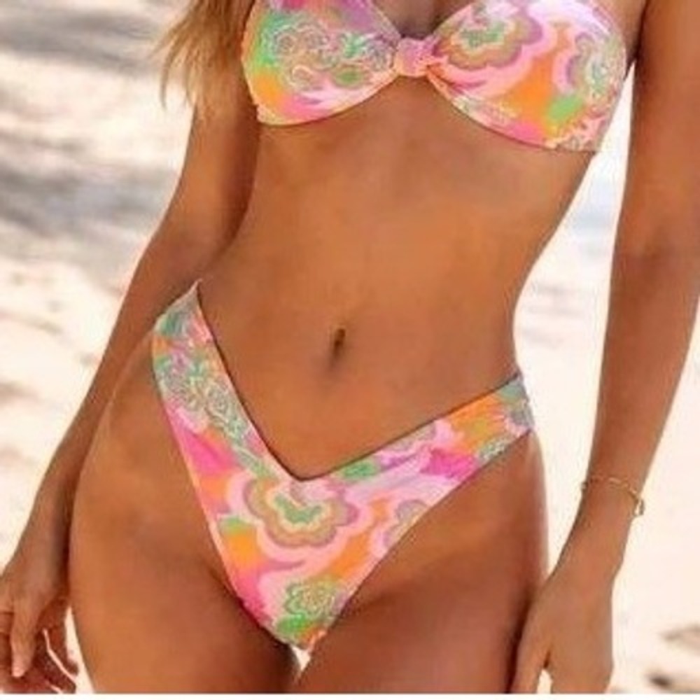 BINGO Surf Women Retro‎ Floral High Leg Bikini Bottoms Neon Pink Orange XL NWT